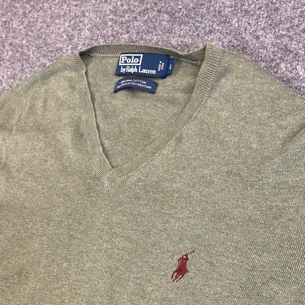 Polo by Ralph Lauren Olive Green V-Neck Sweater with Red Pony